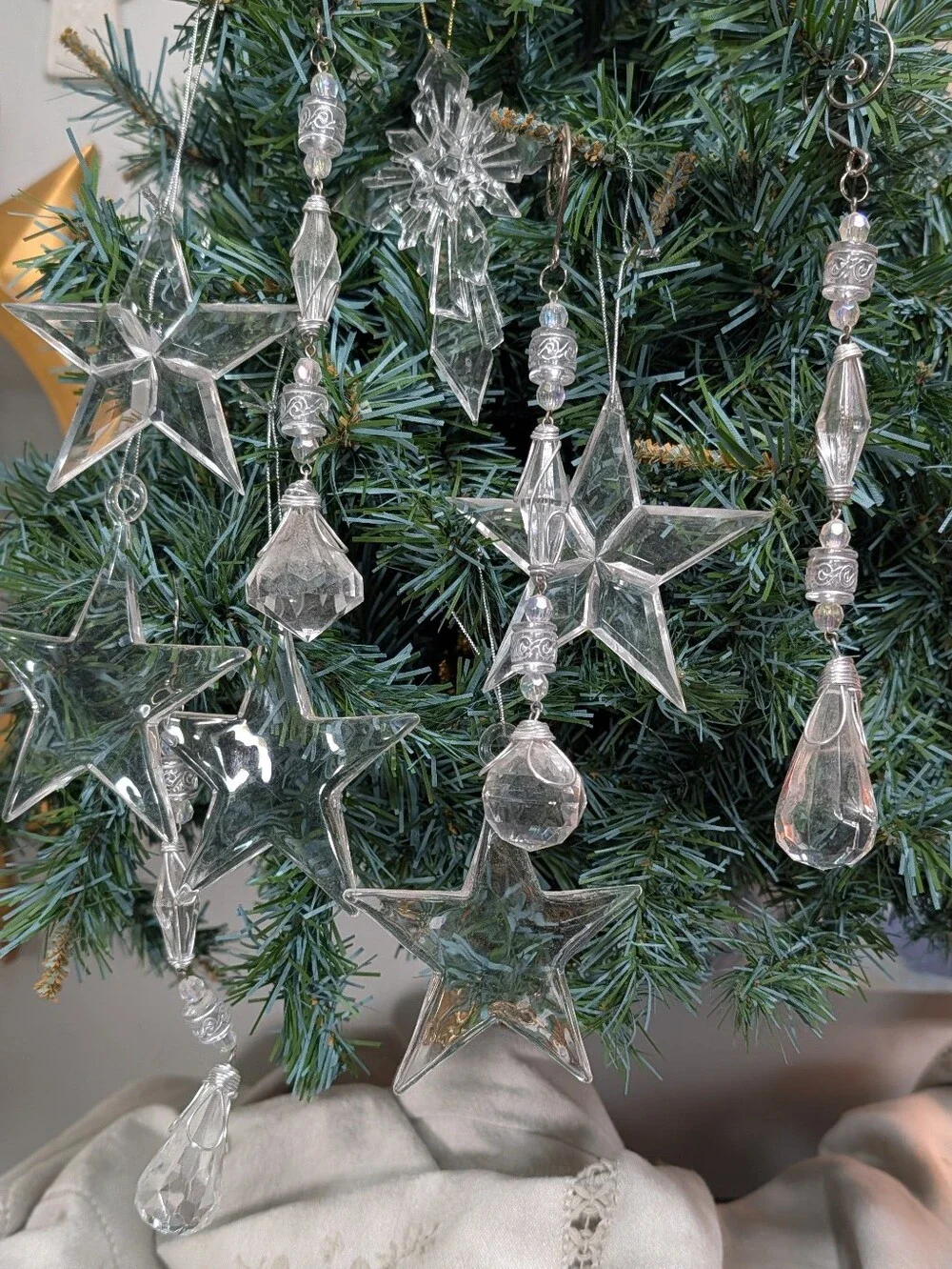 Clear Acrylic Star Dangle Teardrop & 1 Cross Holiday Ornaments Lot Of 10 Varies